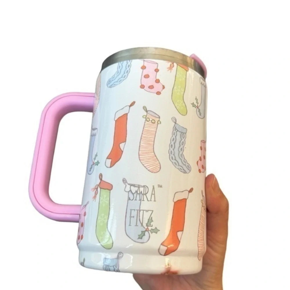 Sara Fitz Holiday Christmas Sock Print Pink Coffee‎ Tea Travel Mug Tumbler